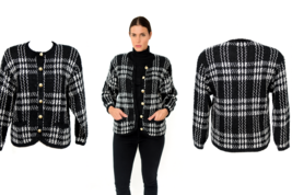 Vintage Tally-Ho Pollak Black White Plaid Cardigan Gold Buttons Sz L NWOT - $49.45