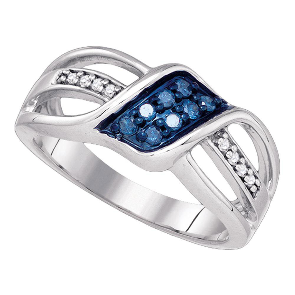 10k White Gold Womens Blue Color Enhanced Diamond Crossover Band Ring 1/5