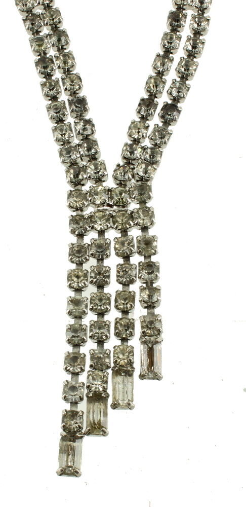 VINTAGE DOUBLE STAND CLEAR RHINESTONE DROP DANGLE FRINGE NECKLACE 19" - $87.74
