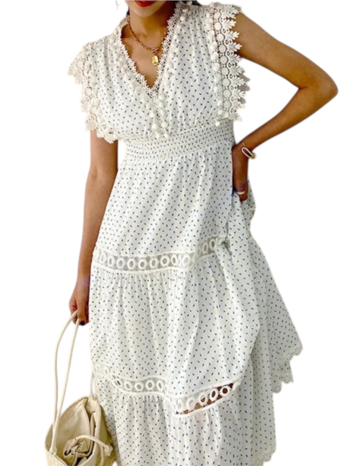 Women's Pom Pom Trimmed Sleeveless V-neck Empire Waist 100% Cotton Dress AUS Item image 2