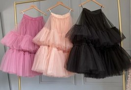 BLACK Layered Tulle Midi Skirt Outfit Adult Tutu Puffy Wedding Guest Tulle Skirt image 10