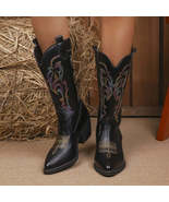 Embroidered Point Toe Block Heels Boots - $131.77 CAD
