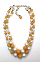 Vtg Double Strand Beaded Necklace Egg Yolk Orange Plastic &amp; Faux Pearls JAPAN - £19.67 GBP