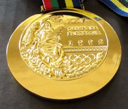 Barcelona 1992 Olympic &#39;Gold&#39; Medal with Ribbons &amp; Display Stands !!!! - £38.71 GBP