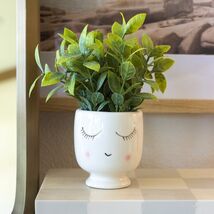 Tabletop Artificial Faux Tea Leaf Plant in White Ceramic Shy Girl Pot, 3" - $24.41