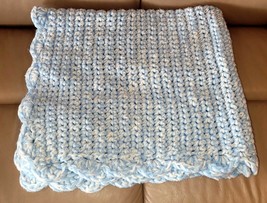 Handmade Knitted Baby Crib Blanket Blue White Scalloped Edge Cotton 33x36 Vtg - £15.78 GBP