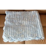 Handmade Knitted Baby Crib Blanket Blue White Scalloped Edge Cotton 33x3... - £15.54 GBP