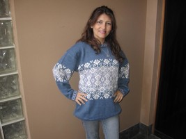  Casual Sweater knitted of alpaca wool, blue and white - £90.38 GBP