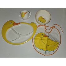 VTG 4 pc Just Friends Duck Child Dishes Set Divided Plate Bowl Cup Bib M... - $49.45