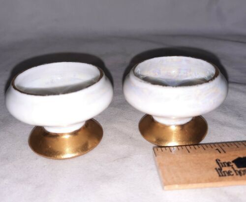 Primary image for 2 Salt Cellar Dip Vienna Austria Porcelain  Pedistal Gold Trim Iridescent 