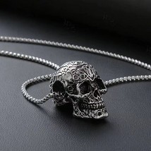 Men's Gothic Skull Pendant Punk Retro Biker Necklace Stainless Steel Chain 24" - £9.48 GBP