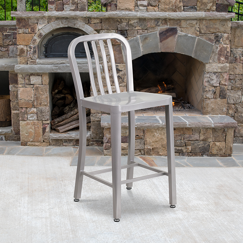 24" Silver Metal Outdoor Stool CH-61200-24-SIL-GG