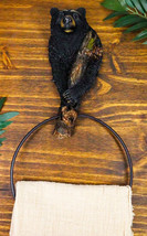 Rustic Western Forest Black Bear Holding Pinecone Branch Hand Towel Holder Ring - £19.23 GBP