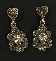 MC Sterling Silver And Marcasite Dangle Heart Pierced Earrings - £31.45 GBP