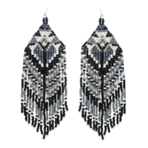 Beaded Aztec Pattern Tassel Drop Earrings Black Gray White - £12.10 GBP