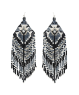 Beaded Aztec Pattern Tassel Drop Earrings Black Gray White - £11.85 GBP