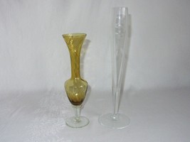 2 Narrow Glass Bud Vases 1 Amber Yellow Swirl &amp; 1 Clear Etched Flowers Vintage - £23.45 GBP