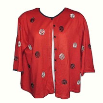 C D Daniels 1X Red w Black White Detail Embroidery Coverd Buttons 3/4 Sl... - £17.13 GBP