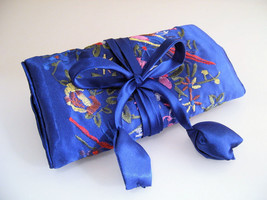 Silk Jewelry Roll Makeup Brush Accessories Case Royal Blue  - $10.00