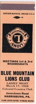 Lions Club Matchbook Cover Harrisburg PA Blue Mountain Lions Club Pink - £1.13 GBP