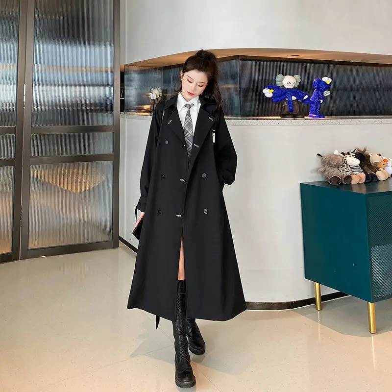 Black Trench Coat Casual Long Double-Breasted Chic Loose Outerwear With... - £188.61 GBP