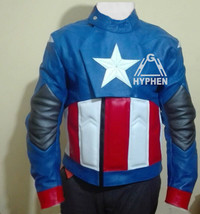 Captain America Avengers Endgame Men&#39;s Costume Blue Genuine Leather Biker Jacket - £175.81 GBP