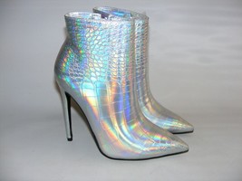 CEVARISAI Size 7 M Metallic Silver Stiletto 4&quot; Heels Bootie Boots Croc P... - £18.64 GBP