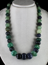 Natural Multi Jade Melon Carved Beads 960 Ct Blue Green Gemstone Silver Necklace - £202.21 GBP