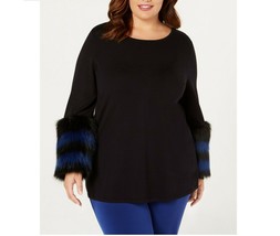 Alfani Womens Plus 1X Deep Black Blue Faux Fur Trim Cuff Long Sleeve Blouse NWT - £20.69 GBP