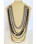 Goth Style Multi Strand Black Silver Rhinestones Faux Pearls Long Neckla... - £19.62 GBP