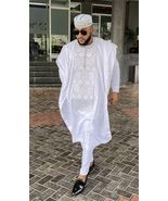 All White Agbada Babariga 3 Pcs Men's Kaftan African Clothing African Groom Suit - $165.00