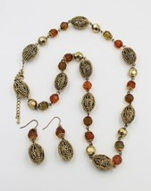 Vintage Faux Amber Plastic Filigreed Bead Necklace Pierced Earring Demi - £15.56 GBP