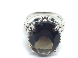 Sterling Filigree Large Oval Smokey Quartz Ring 10 Carat Stone - £50.67 GBP