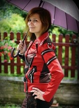 Women Two Tone Red Black Contrast Zipper Style Silver Studs Real Leather Jacket - £140.99 GBP