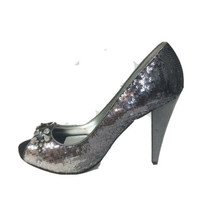 Nina Womens Silver Sequin Heels Shoes Pumps Rhinestones Size 7.5M Party Wedding  - £14.98 GBP