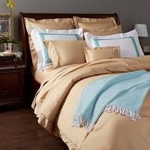 Sferra Fiona Camel Queen Flat Sheet Solid Tan Cotton Sateen Hemstitch Italy NEW - £82.09 GBP