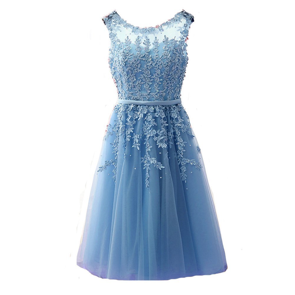 Kivary Sheer Bateau Tea Length Short Lace Prom Homecoming Dresses Custom Made Sk
