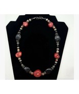 Faux Coral Cloisonné 21” Boho Red Black Beaded Necklace Chunky - $24.99