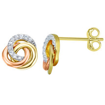 Precious Stars 14k Tri-tone Gold Cubic Zirconia 3-Ring Knot Earring Studs - £117.50 GBP