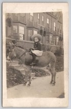 RPPC Cute Girl Big Straw Hat Sitting On Donkey Sidewalk c1910 Postcard S28 - £10.34 GBP