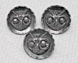 3 Antique Round Metal Dress Buttons Owl Faces w Steel Cut Eyes In Bowl 5... - $16.94 CAD