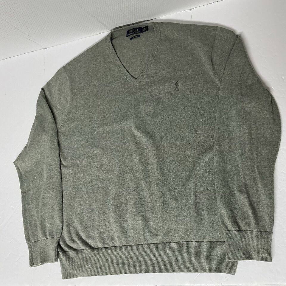 Polo Ralph Lauren Sweater Men XLT Gray/Green Pony 100% Pima Cotton V-Nec... - $22.35