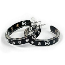 Rhinestone Post Hoops Earrings - Peace Sign - Black - ER-21484JT - $25.60