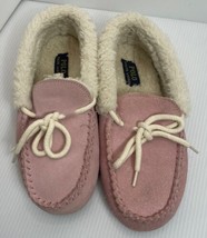 Polo Ralph Lauren Navy Light Pink  Girls Moccasin Slippers Sz 4 Kids Lea... - $14.01