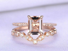 Women&#39;s 1.80Ct Emerald Cut Peach Morganite Bridal Ring Set in 14K Rose Gold Over - £76.82 GBP