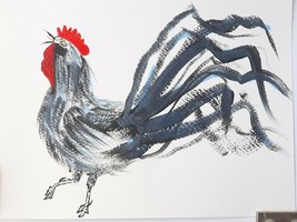 Asian Rooster Black Metallic Blue Abstract Original Painting Acrylic on Paper - £9.69 GBP