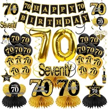 36Pcs 70th Birthday Decorations Kit for Men Women Black Gold Happy 70 Bi... - £32.23 GBP
