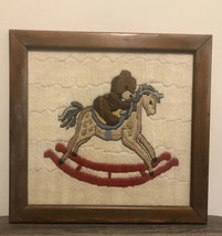 Vintage Long Stitch Teddy Bear On Rocking Horse Framed Dale Burdett Picture - $62.17