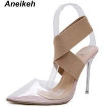 Aneikeh 2021 Concise PVC Women Sandals Transparent Clear Glass Thin High Heels P - £39.23 GBP