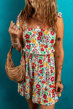Red Floral Knotted Straps Cinched Waist Ruffle Hem Mini Dress - $14.92